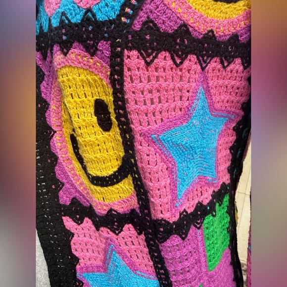 Delia’s Dolls Kill Happy In My Mind Hood Crochet Cardigan 90s Duster Smiley Y2K - Picture 4 of 7